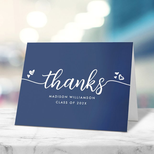 Blue Graduation Chic Modern Elegant Script Hearts Thank You Card (Creator Uploaded)