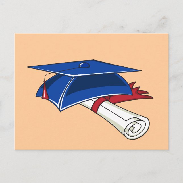 Blue graduation hat with a scroll and a red band announcement postcard (Front)
