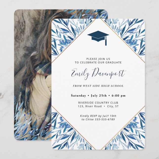 Blue Graduation Invitation Photo on back (Front/Back)
