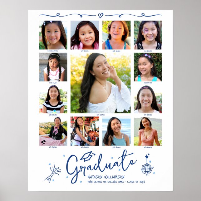 Blue Graduation K–12 Photo Collage Doodles White Poster (Front)