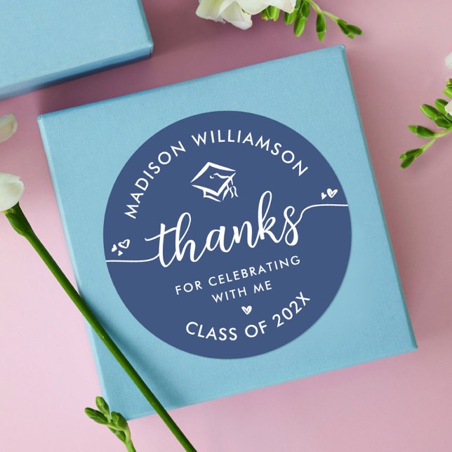 Blue Graduation Modern Thank You Script Hearts Cap Classic Round Sticker (Creator Uploaded)