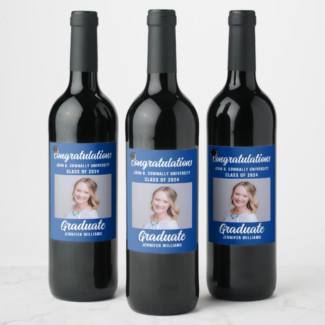 Blue Graduation Party 2024 Graduate Photo Wine Label (Bottles)