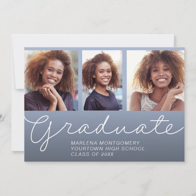 Blue Graduation Party 3 Photo Elegant Script Invitation (Front)