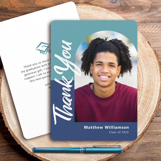  Blue Graduation Photo Bold Arch Script Modern Thank You Card (Creator Uploaded)