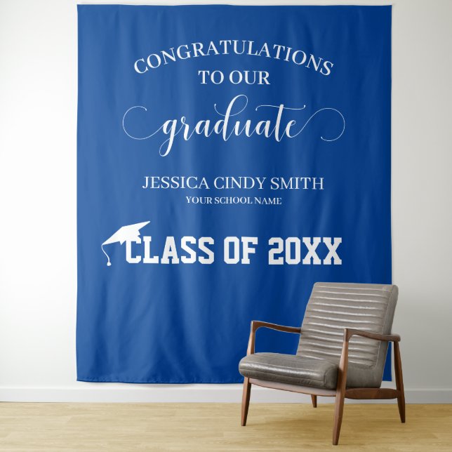 Blue Graduation Photo Booth Prop Tapestry (In Situ)