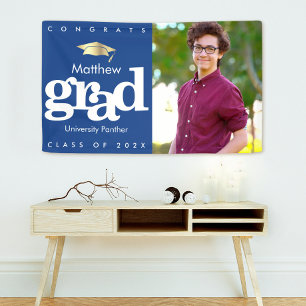Blue graduation photo gold cap bold modern simple banner