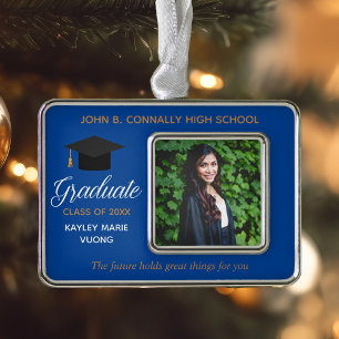 Blue Graduation Photo Inspirational Quote Custom Silver Plated Framed Ornament