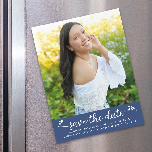 Blue Graduation Photo Save Date Script Hearts Bold Magnetic Invitation (Creator Uploaded)