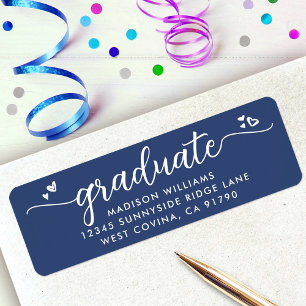 Blue Graduation Script Hearts Bold Modern Address Return Address Label