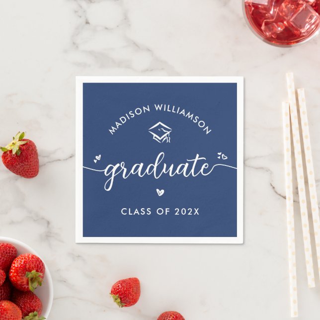 Blue Graduation Script Hearts Cap Icon Modern Fun Napkin (Insitu)