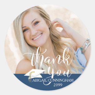 Blue Graduation Script Photo Thank You Class Year Classic Round Sticker
