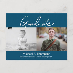 Blue Graduation Then and Now Graduate Photos Announcement Postcard