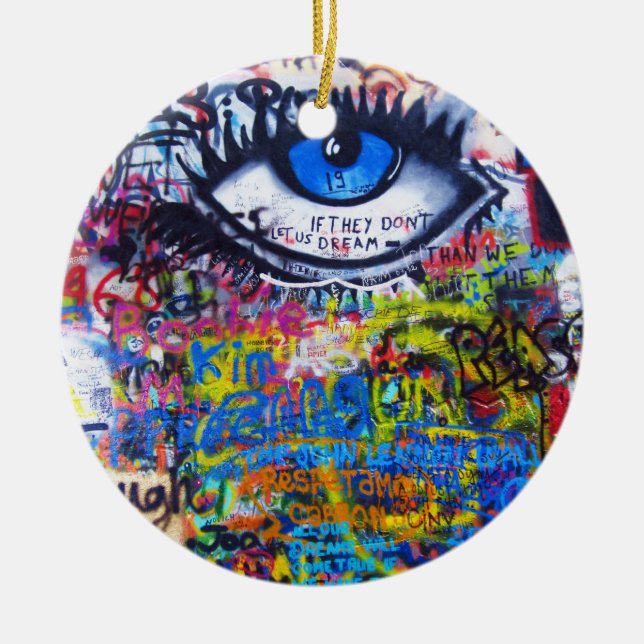 Blue graffiti evil eye ceramic ornament (Front)