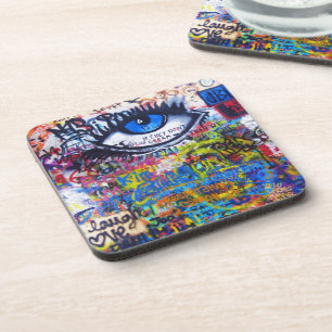 Blue graffiti evil eye coaster