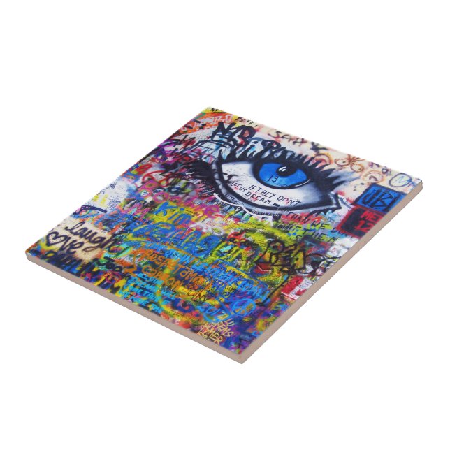 Blue graffiti evil eye tile (Side)