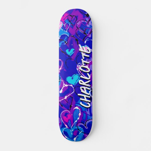 Blue Graffiti Hearts: Ride with Style and Flair Skateboard (Front)
