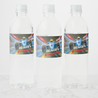 Blue Grand Prix Racing Car Birthday Water Bottle Label