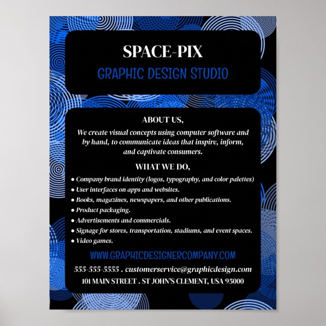 Blue Graphic Circles, Graphic Designer Advertising Poster (Front)