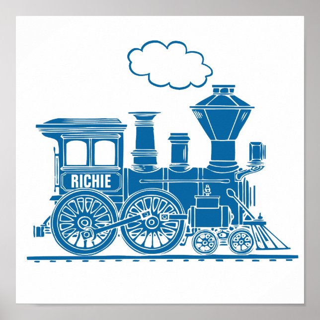 Blue graphic train personalised nursery kids art poster (Front)