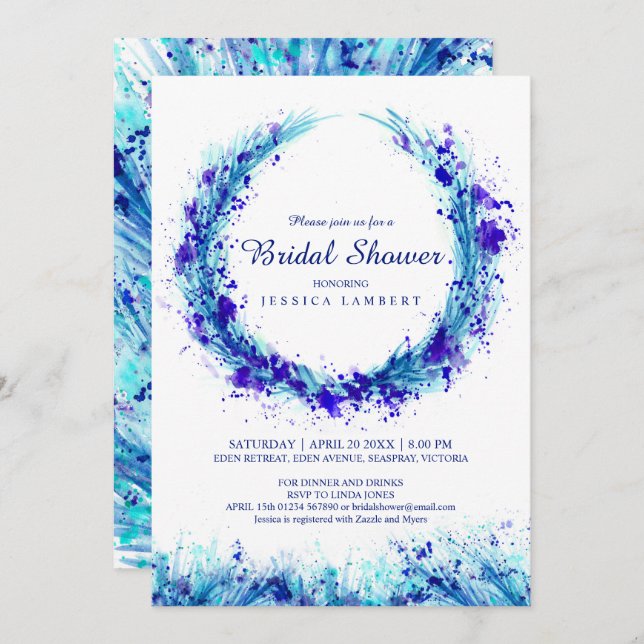 Blue grass watercolor splash bridal shower invites (Front/Back)
