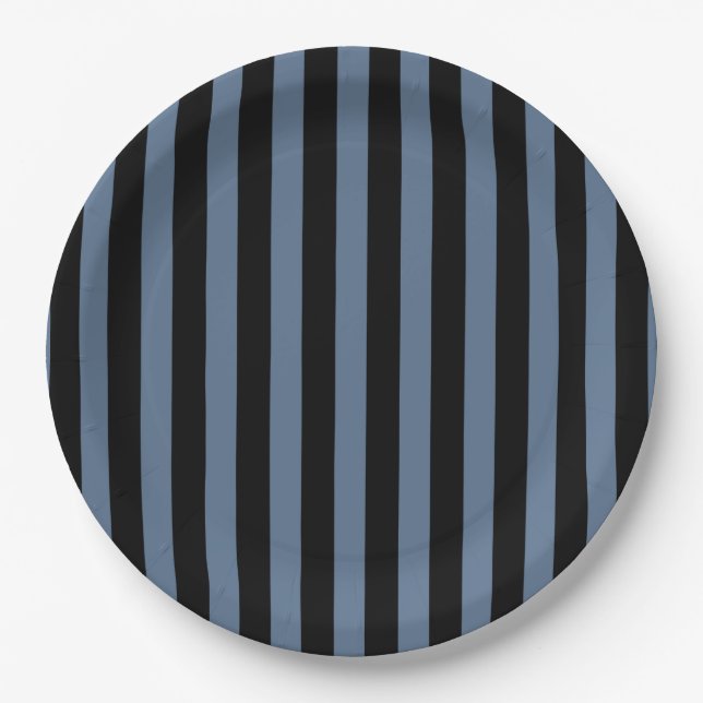 Blue gray and black stripes paper plate (Front)
