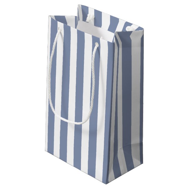 Blue gray and white candy stripes small gift bag (Back Angled)