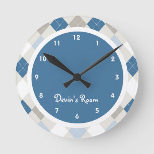 Blue & Gray Argyle Kid's Bedroom Round Clock