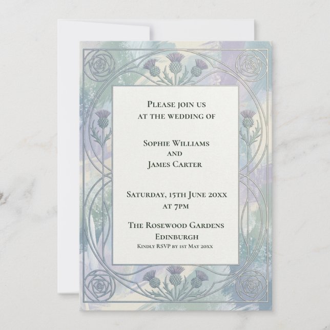 Blue Gray Art Nouveau Wedding Invitation (Front)