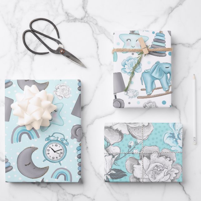BLUE & GRAY BABY BOY ITEMS TOYS STARS WRAPPING PAPER SHEET (Front)