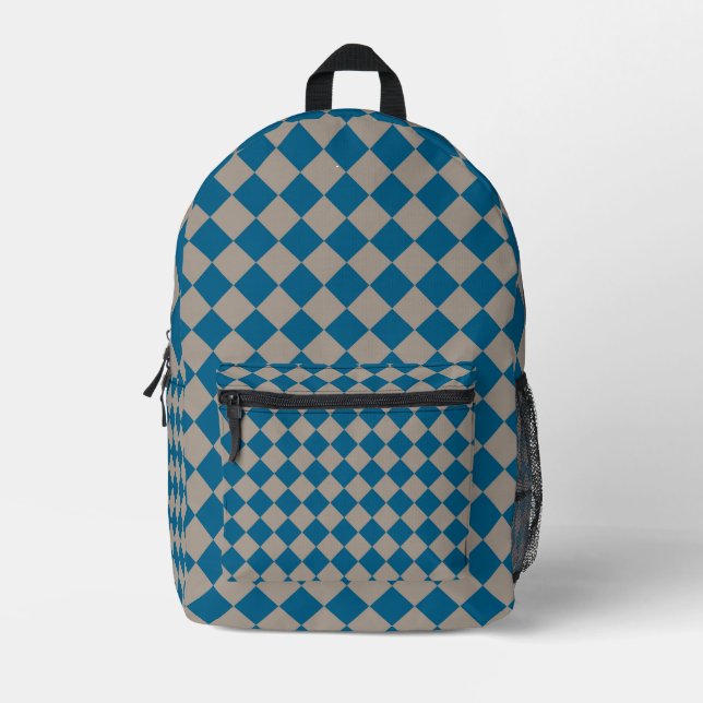 Blue Gray Checker Diamond Pattern Printed Backpack (Front)