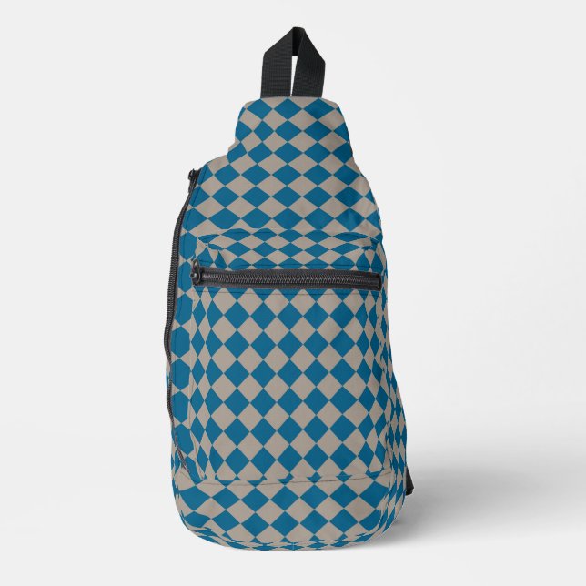 Blue Gray Checker Diamond Pattern Sling Bag (Front)