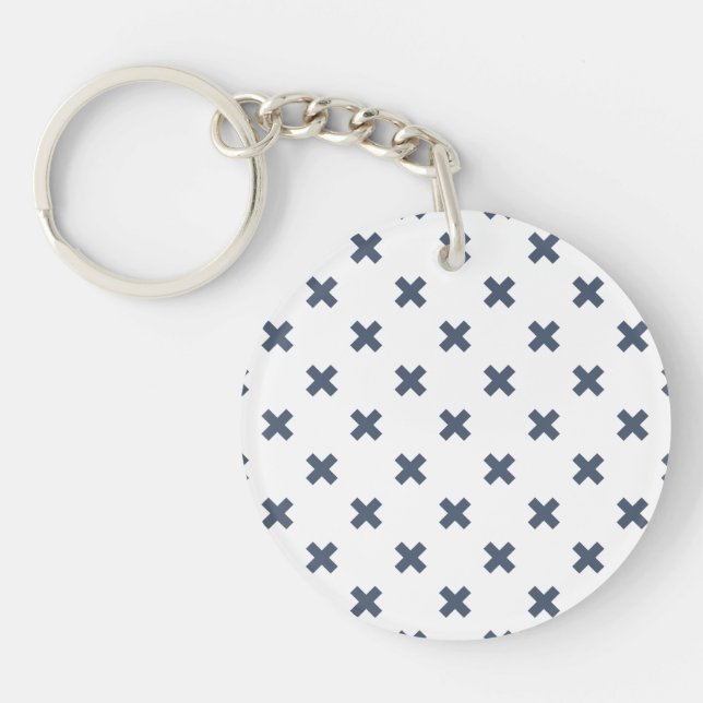 Blue-gray cross stitches on white key ring (Front)