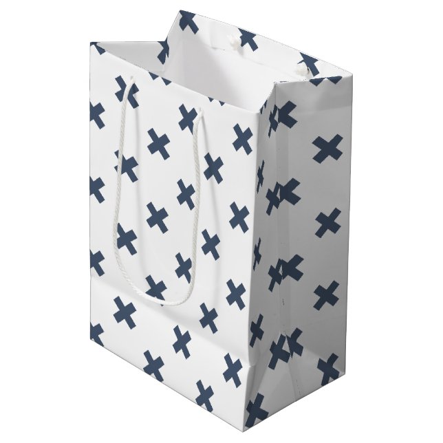 Blue-gray cross stitches on white medium gift bag (Front Angled)