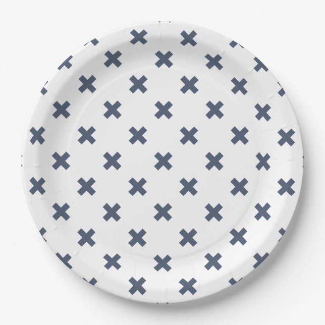 Blue-gray cross stitches on white paper plate (Front)
