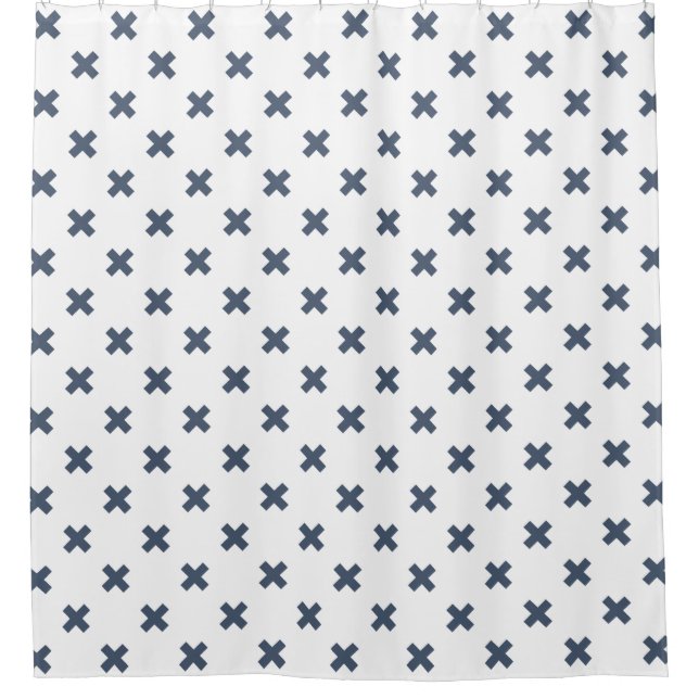 Blue-gray cross stitches on white shower curtain (Front)