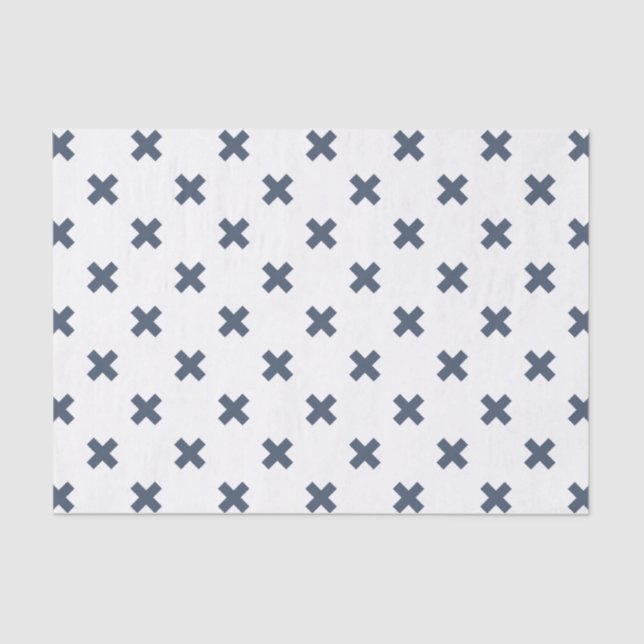 Blue-gray cross stitches on white tissue paper (Front)