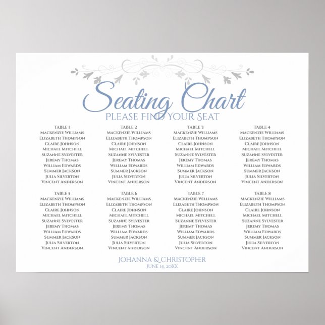 Blue & Gray Elegant 8 Table Wedding Seating Chart (Front)