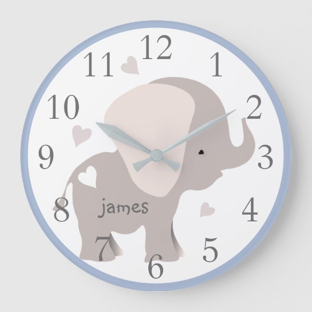 Blue Gray Elephant Nursery Wall Clock (Front)