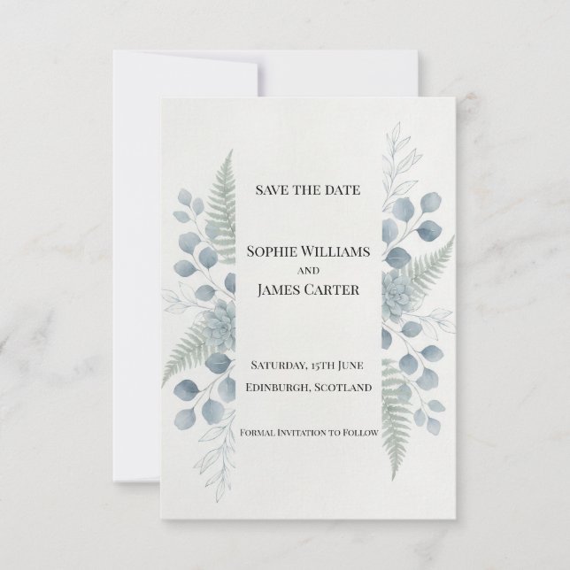 Blue Gray Eucalyptus Detail Save The Date Card (Front)