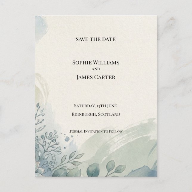 Blue Gray Eucalyptus Save The Date Postcard (Front)