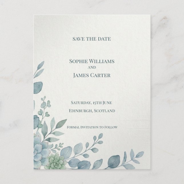 Blue Gray Eucalyptus Save The Date Postcard (Front)