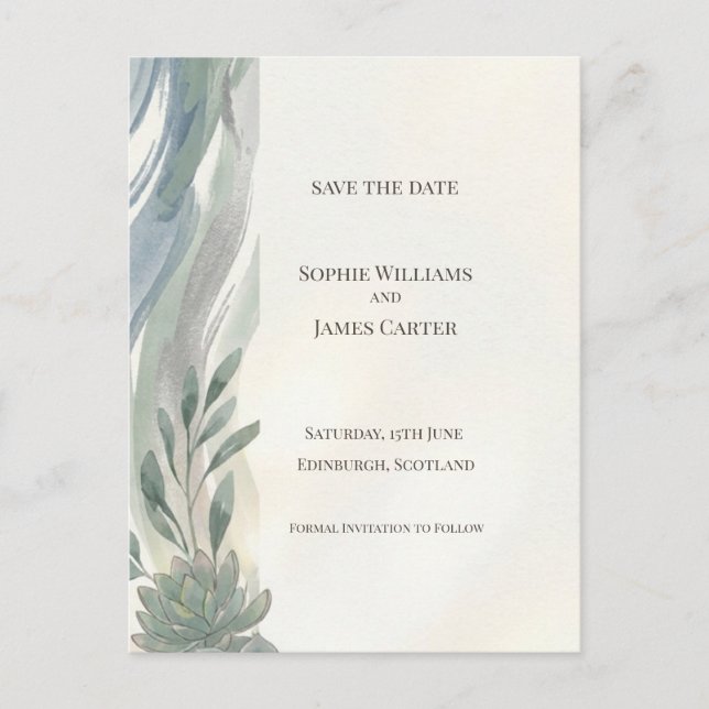 Blue Gray Eucalyptus Save The Date Postcard (Front)