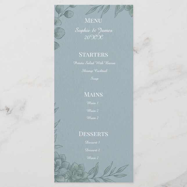 Blue Gray Eucalyptus Wedding Menu (Front)