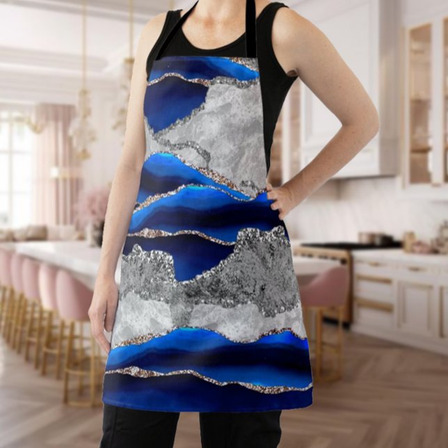 BLUE GRAY MARBLE AGATE SILVER GLITTER GLAM APRON (Creator Uploaded)