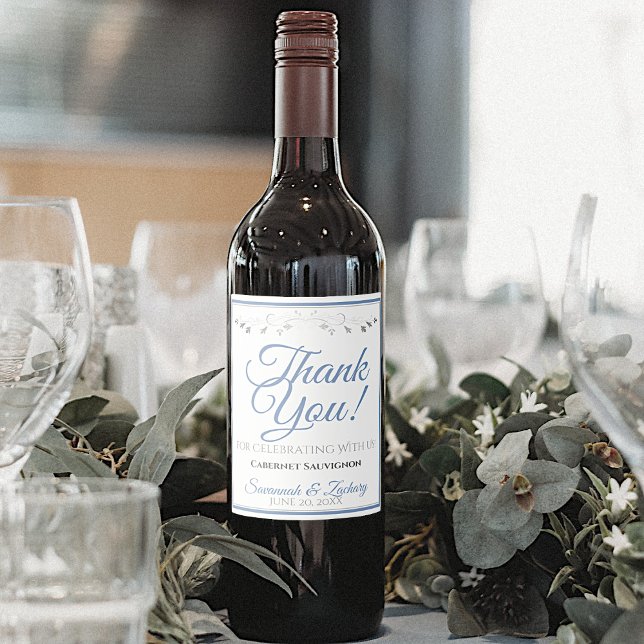 Blue & Gray Simple Elegant Wedding Thank You Wine Label (Creator Uploaded)