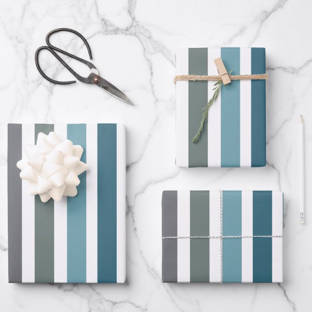 Blue Gray Stripes Wrapping Paper Sheet (Front)