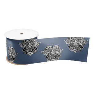 Blue Gray Victorian Ornamental Design  Satin Ribbon