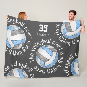 Blue gray volleyball court her happy place fleece blanket