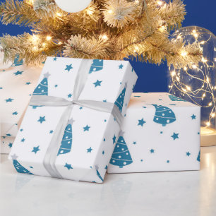 BLUE GRAY WHITE CHRISTMAS TREES & SNOWFLAKES WRAPPING PAPER