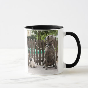 Blue Great Dane and pug dogs on leashes Mug